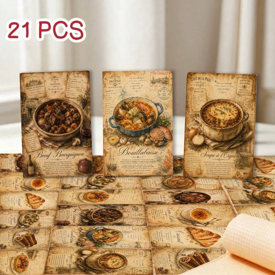 21張復古法式料理圖案廢物日記卡,裝飾性剪貼簿卡片,舊手寫食譜與經典法式美食圖案,DIY日記裝飾紙,適用於筆記本裝飾、手工卡片製作、旅行日記、藝術手工藝 - H260619-21pcs - 查看 1
