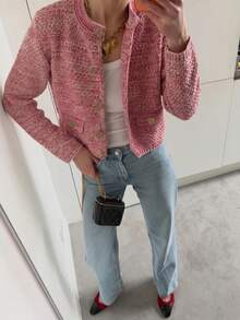 Women's Pink Knitted Long Sleeve Cropped Top With Gold Buttons, Fashionable Round Neck Sweater, Suitable For Spring And Autumn - Pink - View 7