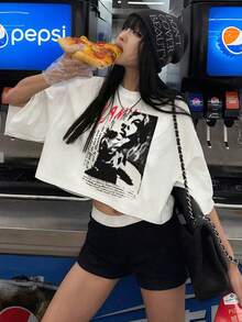 女款圓領短袖T恤，夏季新款時尚字母印花，休閒百搭寬鬆短版上衣，適合日常穿著，白色 - 白色 - 查看 1