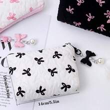 Cute Bow & Heart Pattern Wrist Makeup Bag, Large Capacity Cosmetic Storage Travel Makeup Bag, Elegant Gold Hardware (Black/White/Pink), Perfect Gift - Multicolor - View 3