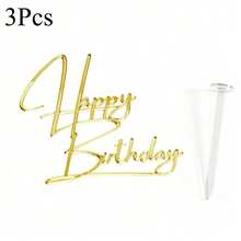 1件/3件/6件 金色壓克力生日快樂蛋糕插牌 DIY 蛋糕烘焙裝飾用品 生日派對甜點旗飾裝飾工具 - 彩色 - 查看 18