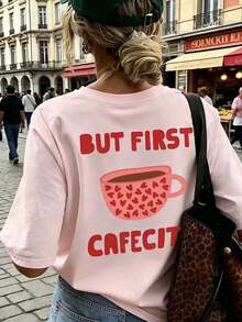 Lustiges Kaffee-Slogan Muster T-Shirt Damen Große Größen Locker Rundhals Kurzarm Kaffeeliebhaber Lässige Mode Minimalistisch Lässiges Top Rosa Sommer - Pink - Übersicht 3