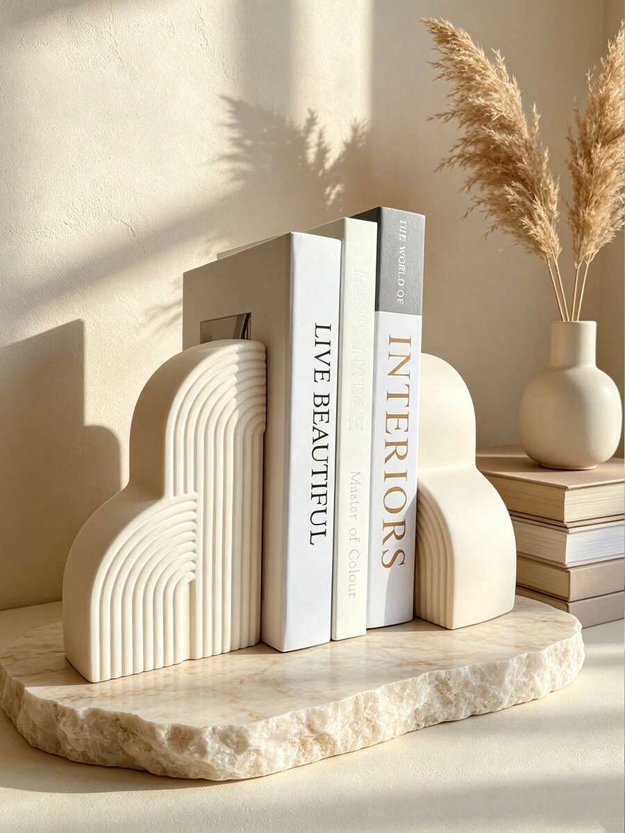 Resin Arched Cloud Bookends, Modern Geometric Shaped Bookends Decor, Non-Slip And Durable, Minimalist Aesthetic Desktop Ornament, Suitable For Living Room Coffee Table, Study Bookshelf, Office Desk, Library Bookshelf, Neutral Tone Home Decor, Can Be Used To Store Novels And Magazines, Perfect Housewarming Gift For Book Lovers, Abstract Line Texture Desktop Display Ornament