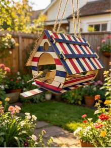 1pc Rustic Wooden Bird Feeder With Pine Wood Carved Texture And Stone Base, Hanging Balcony Garden Decor, Outdoor Bird Feeder For Garden And Yard To Attract Birds - D - View 10