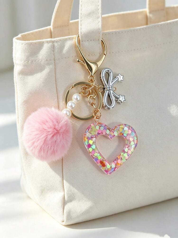 1pc Cute Couple Heart Keychain, Women's Handbag Pendant, Pink