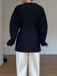 Women's Elegant Casual Long Sleeve V-Neck Cinched Waist Button-Front Blazer, Solid Color With Pockets, Suitable For Daily, Office, Dating - Black - View 3