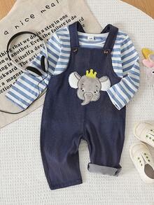 2pcs/Set Baby Boy Casual Comfortable Blue Striped Long Sleeve T-Shirt And Cute Elephant Pattern Embroidered Shoulder Strap Romper Set, Suitable For Autumn - Blue - View 1