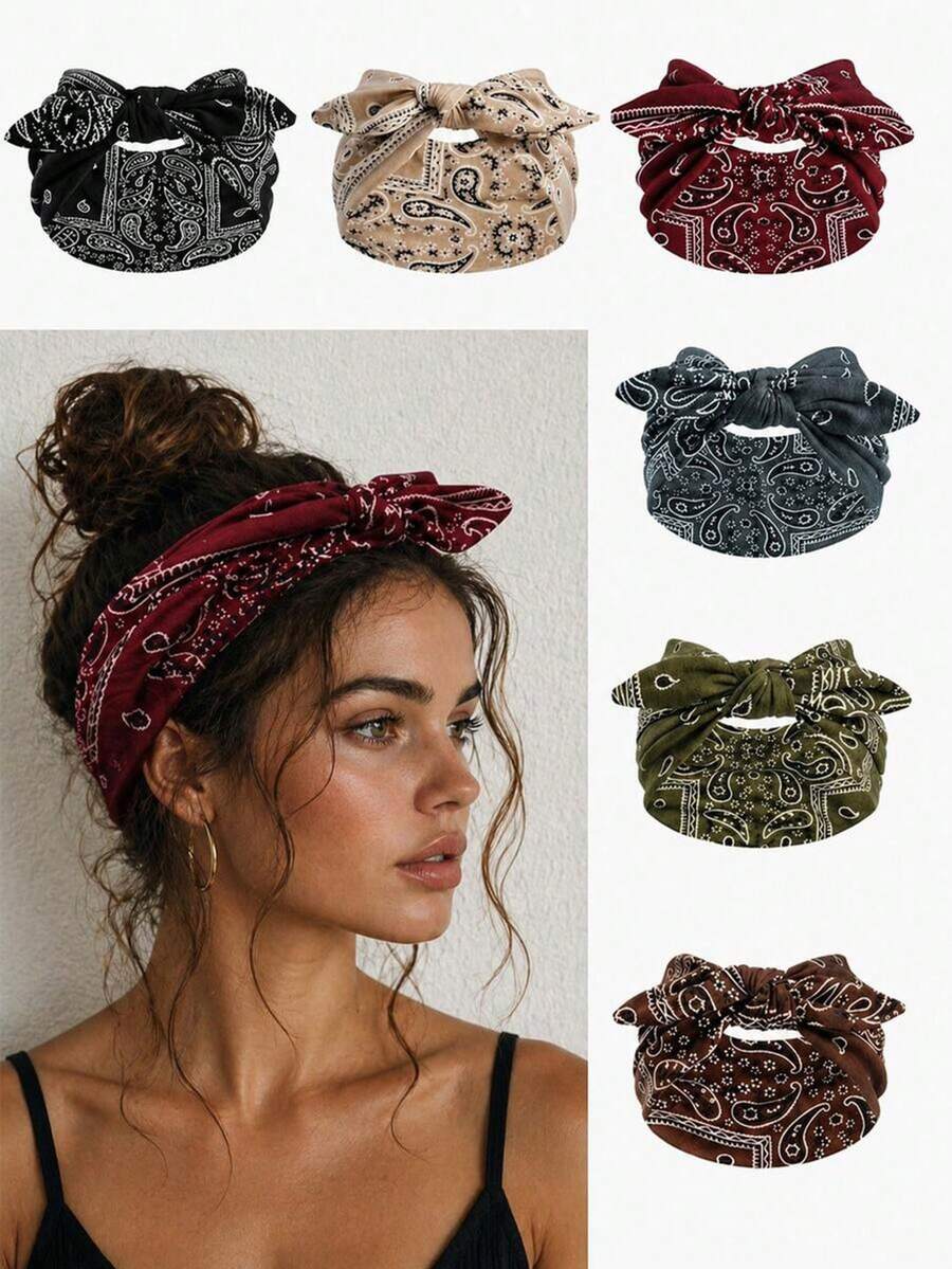 1/3/6 piezas Nueva diadema de orejas de conejo ultra ancha y linda, diadema de lazo de unicolor con patrón paisley elástico, accesorios para el cabello de mujer para yoga, deportes y actividades al aire libre - Multicolor - Ver 1