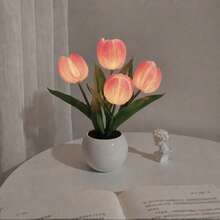 USB Operated Tulip Flower Potted Night Light, Cute Simulation Floral Desk Lamp, Warm White Ambient Lighting For Desktop Bedroom Decor Birthday Gift For Women Girls - Warm White - View 9