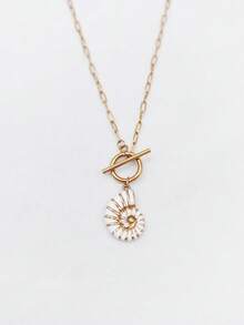 1pc 18K Gold Plated Bohemian Ocean Style Stainless Steel Enamel Conch Shell Pendant Necklace With Lobster Clasp - Multicolor - View 4