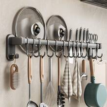 Wall-Mounted Kitchen Storage Rack With Hooks, No Drilling Adhesive Or Screws Required, Self-Adhesive Pot Rack For Tile Wall, Small Kitchen Pot Rack Organizer, Space-Saving Kitchen Wall-Mounted Pot Lid And Utensil Storage Rack, Suitable For Kitchen, Bathroom, Bedroom, For Hanging Wet Towels And Robes - Multicolor - View 2