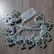 1pc 10 LED Skull String Lights With Vibrant Floral Pattern - Battery Powered (Batteries Not Included), Suitable For Halloween, Day Of The Dead, Haunted House And Home Decor - Plastic Material, Switch Control, No Plug Required, Halloween Decoration - Multicolor - View 8
