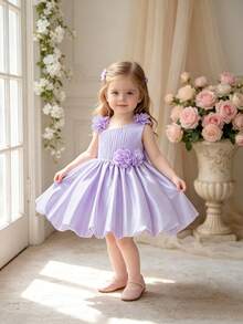 Baby Girls Asymmetrical Shoulder Bow Lace Lily Satin Cute Party Flower Bud Dress Suitable For Flower Girl, Headband Not Included - Mauve Purple - View 5