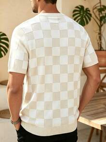 ALTZTAR Men's Beige Checkerboard Round Neck Knitted Short Sleeve Slim Fit Casual Breathable Top - Apricot - View 3
