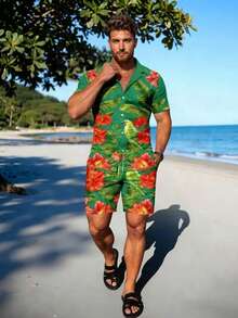 Men's Floral Print Casual Vacation Shirt And Shorts Beach Outfit - Multicolor - View 1