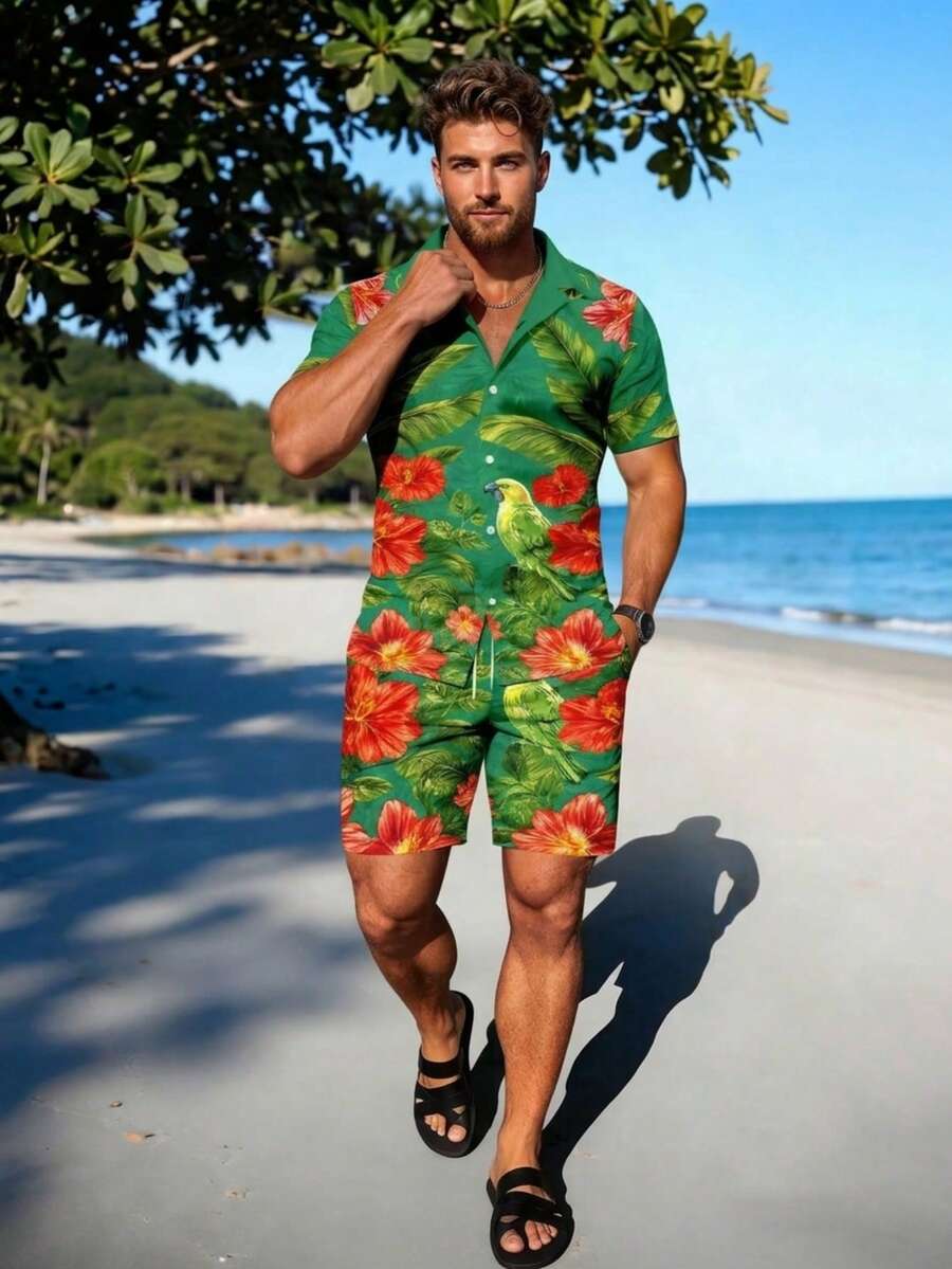 Men's Floral Print Casual Vacation Shirt And Shorts Beach Outfit - Multicolor - View 1