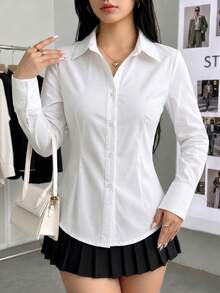 Women's White Slim Fit Long Sleeve Button-Up Shirt, Tailored Cut, Commute Office Business Casual Professional Top - White - View 3