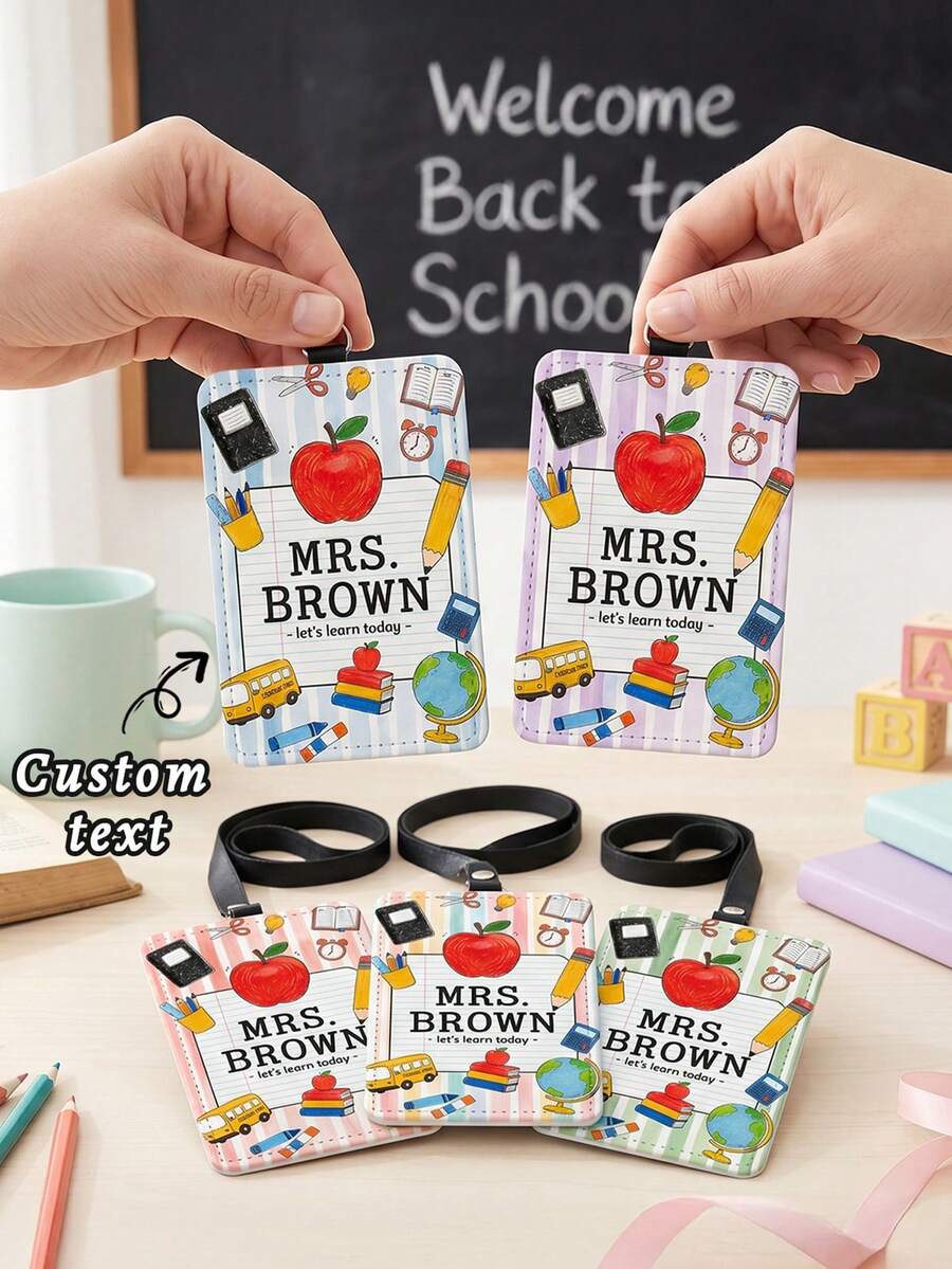 1pc Personalized Custom Name Teacher ID Badge Holder, Cute Apple School Stationery Classroom Educator Name Tag, Back To School Teacher Appreciation Gift - Multicolor - View 1