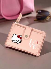 SANRIO 1個 Hello Kitty 女款短夾，人造皮革多卡槽壓扣式，LOVE 印花薄款零錢包，適合日常使用與旅行 - 彩色 - 查看 3