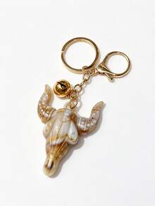 1pc Vintage Western Bull Skull Keychain With Small Bell, Gold Hardware Bag Charm, Cowboy Ranch Accessory - Multicolor - View 5