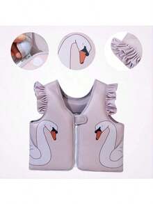 1pc Toddler Girls Cute Cartoon Swan Print Ruffle Trim Front Zipper Buoyancy Swim Vest, Children Swimming Training Floating Jacket Beach Pool Water Buoyancy Vest - Multicolor - View 6