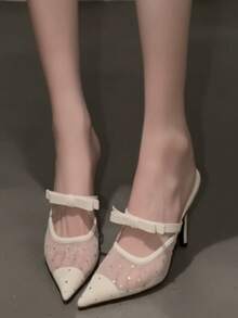 2026 Nuevos Zapatos de Tacón Alto de Talla Grande Color Blanco Crema con Malla de Strass, Lazo, Tirante Único, Punta Afilada, Tacón de Aguja, Espalda Descubierta y Medio Sling - Blanco - Ver 1