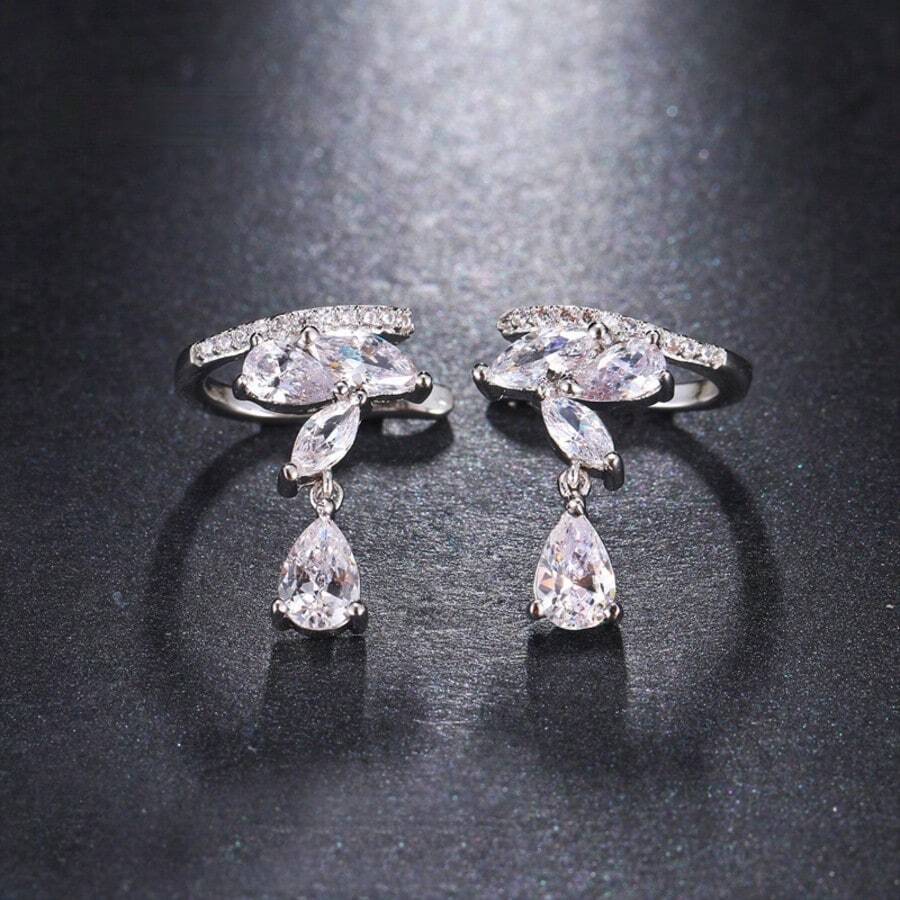 1 Pair Fashionable Elegant Cubic Zirconia Ear Clips Suitable For Women's Daily And Holiday Wear - White Gold - View 1