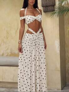 DOUCIU 2pcs Polka Dot Halter Drape Top + Asymmetric Skirt Set, Casual Street Style - White - View 2