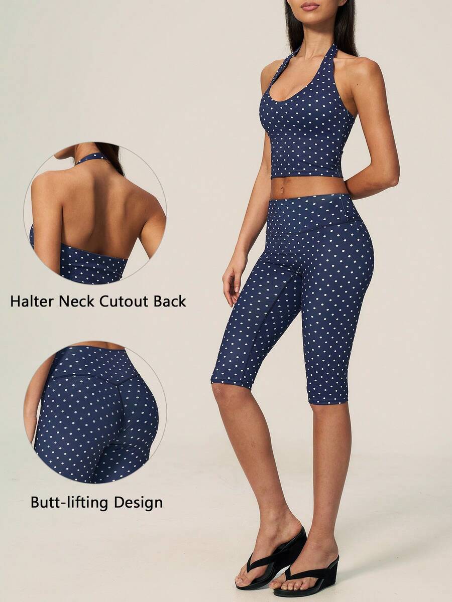 TimeOff Women's One Set Polka Dot Halter V-Neck Backless Tank Top & Bermuda Shorts Sports Set - Navy Blue - View 1