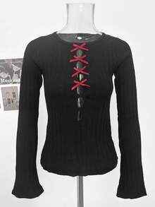 Niche Slimming Knit Sweater Top For Women, Autumn Bowknot Hollow Cross-Over Slimming Sweater - Black - View 8
