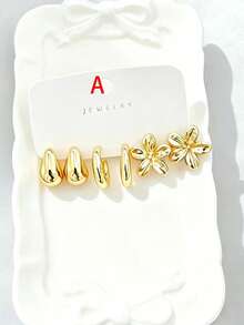 3/9 Pairs Gold Metal Earrings Set, Beach Vacation Style Starfish Shell Flower Water Drop C-Hoop Stud Earrings - Gold - View 8