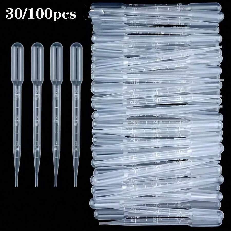 30/100pcs Transparent Plastic Droppers - 3ml Graduated Pipettes And Precision Measuring Tools, Suitable For Essential Oils, Perfumes, Liquids, Laboratory Supplies - Washable, Odorless, Precision Tools, Laboratory Supplies - White - View 1