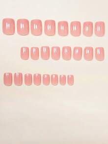 24pcs Short Square Nail Tips Cute Pink Solid Color Fake Nails Fashion Watermelon Pink Full Coverage Pointed Nails With 1pc Jelly Glue And 1pc Mini Nail File, Jelly Glue Randomly Shipped - 粉色 - 查看 3