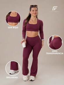 Plain Zero-Transparency Polyamide Flare Long Sleeve Fitness Gym Set - Burdeos - Ver 12