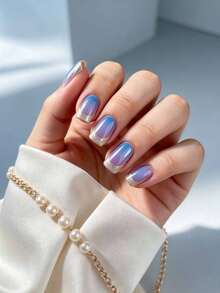 24pcs Short Purple-Blue Gradient Minimalist French Glitter Square Nails + 1pc Jelly Glue + 1pc Nail File - 彩色 - 查看 3