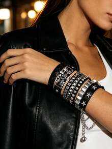Xiacheng 1/3/4pcs PU Leather Rivet Punk Bracelet, Unisex Gothic Style Rivet Cuff Wristband, Adjustable Punk Rock Accessory For Halloween Party, Holiday - Black 3 - View 6