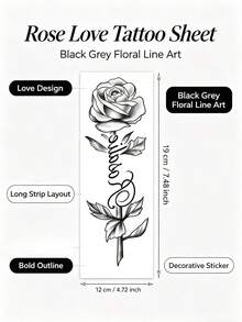 1pc Realistic Rose Dotwork English Tattoo Sticker, Shaded Rose + Handwritten Cursive Font Tattoo Sticker With Minimalist "Love" Short Phrase, Suitable For Camisole Outfit, Date, Portrait, Wear-Resistant Decorative Sticker - Multicolor - View 8
