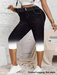 Celana Panjang 3/4 Motif Denim Ukuran Besar, Elastis Sedang, Potongan Ramping, dengan Kantong Palsu, Legging Ketat Desain Gradien Modis untuk Liburan - MultiWarna - View 4