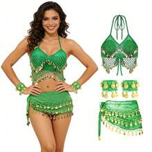 Exotic Themed Party Dangling Coin Sequin Bra Top With Fringe Hip Scarf And Cuffs For Costume Cosplay And Festival Parade - Multicolor - View 20