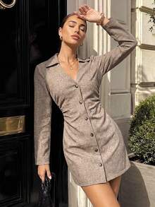 Perirose Vestido mini de mujer con diseño asimétrico estilo camisa, manga larga y cintura fruncida, elegante color topo para oficina y trabajo, con botonadura asimétrica delantera, cuello en V, para otoño/invierno, ideal para oficina, citas, eventos sociales, noche, brunch casual, ropa de invierno para mujer, ropa de otoño para mujer - Caqui - Ver 3