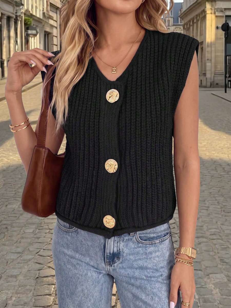 Rompi Sweater Rajut Bergaris Kasual Longgar Wanita dengan Kancing Emas Bergaya Vintage di Bagian Depan dan Leher V, Panjang Reguler yang Modis untuk Busana Musim Gugur dan Musim Dingin