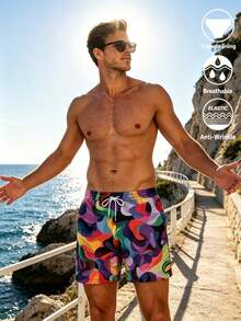 Pantalones cortos de playa casuales de moda para hombre con estampado artístico, cintura elástica con cordón, bolsillos inclinados y forro de malla - Multicolor - Ver 1