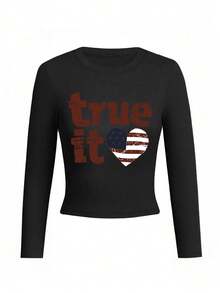 New Short Long Sleeve T-Shirt Women Y2K Generation Red English Flag Print Spring Autumn Korean Style Round Neck Versatile Casual Slim Fit Top - Black - View 5