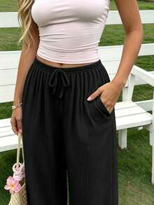 Plus Size Women's Black Ribbed Drawstring Elastic Waist Wide Leg Pants, Dual Pockets Casual Slimming Long Pants - Black - View 3