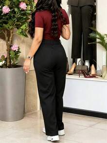 Women's Black Polyester Wide Leg Pants, Non-Stretch Fabric, Spring/Summer - Black - View 3