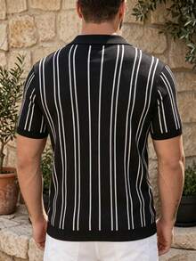 ALTZTAR Vintage Fine Vertical Striped Knit Short Sleeve Polo Shirt, Men's Casual Commute Elastic - Black - View 3
