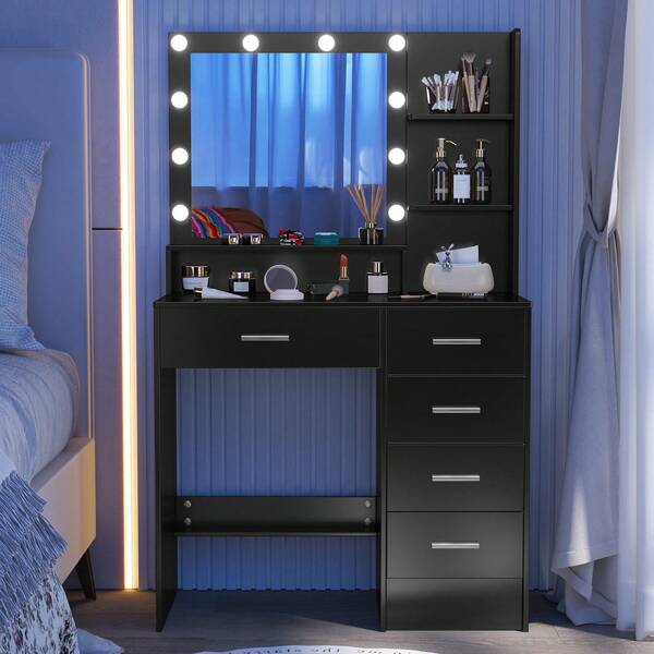 80*36*130cm Black Makeup Dressing Table With 5 Drawers And Multi‑Tier Open Side Shelves, 3 Colour Modes Stepless Dimmable With Remote Control, Cosmetic Vanity Unit For Bedrooms And Australian Units