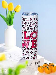 1 pièce Gobelet isotherme en acier inoxydable avec imprimé léopard et lettre LOVE, grande capacité, portable et facile à nettoyer, tasse pour boissons chaudes et froides, cadeau de vacances, cadeau d'anniversaire, convient pour les voyages en plein air, la maison, le bureau et la rentrée scolaire - Multicolore - Voir 5