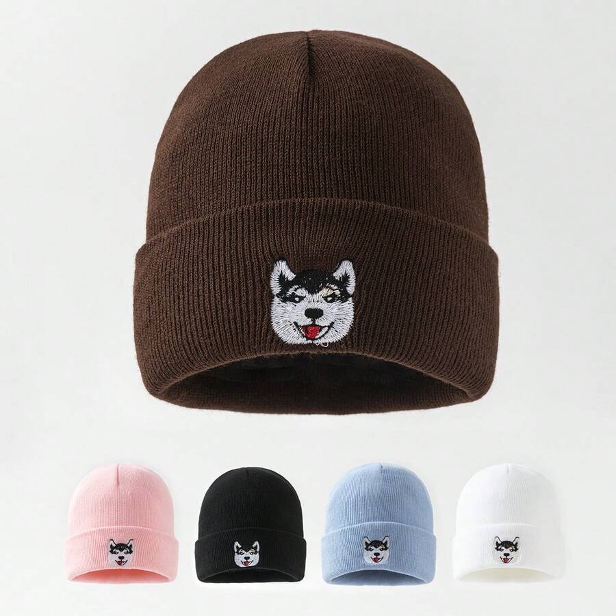 GARASSACC 1pc Women's Embroidered Cute Shiba Inu Lightweight Versatile Knit Hat - Dog - View 1