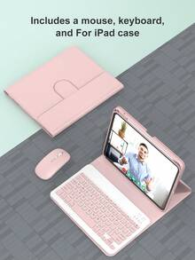 平板電腦旋轉鍵盤保護殼，相容 iPad + 滑鼠，PU 皮革，相容 A16 11 吋 11 代 2025、10 代 2022，適用於 iPad 7 代/8 代/9 代、Air 4/5/6/7/8、iPad Pro 11，含配件，便攜式無線鍵盤 (150mAh)，附筆槽，支持 360 度旋轉，粉紅色 - Pink Rotating Keyboard+case+mouse set - 查看 3